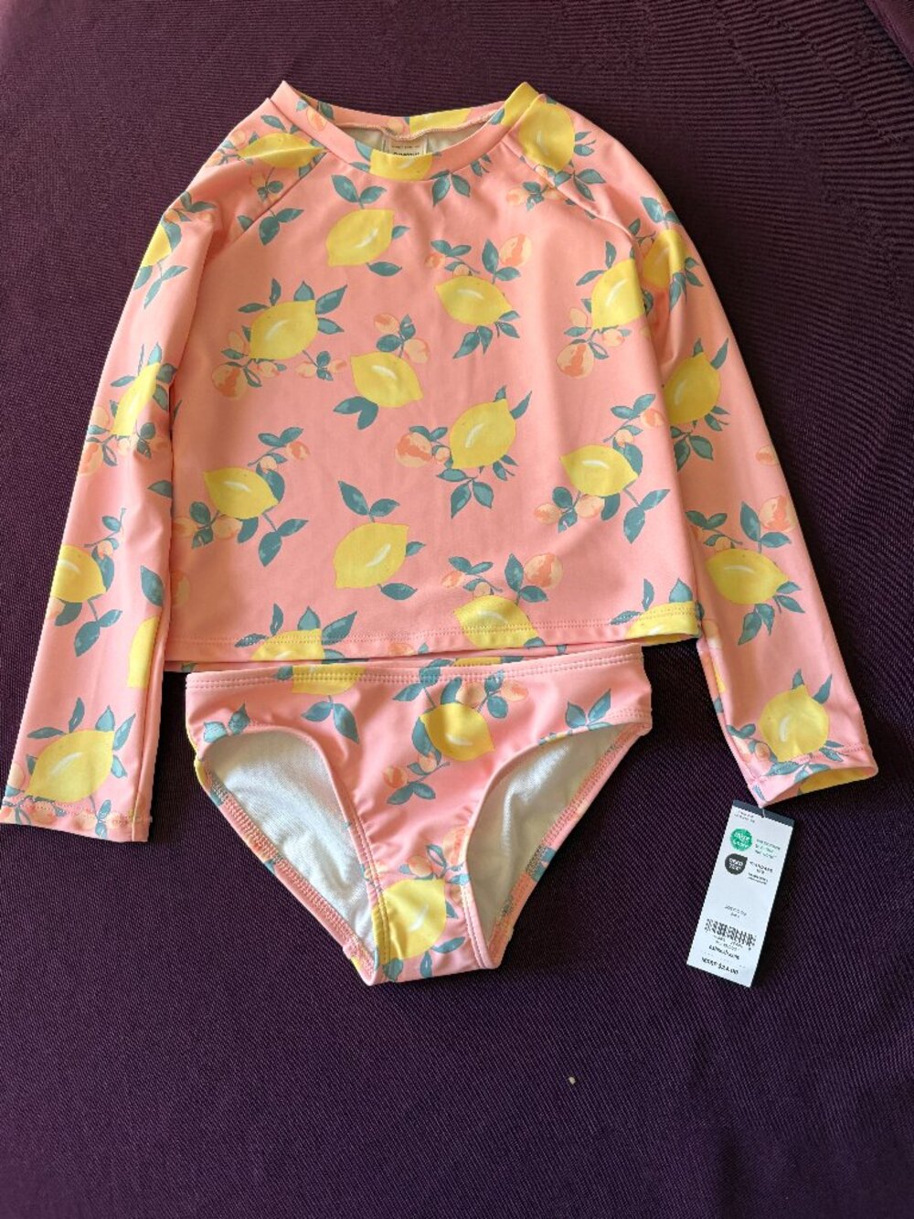 NWT OshKosh B'gosh Girls Lemon Rash Guard Swimsuit Set Pink Yellow UPF Size 6-6X